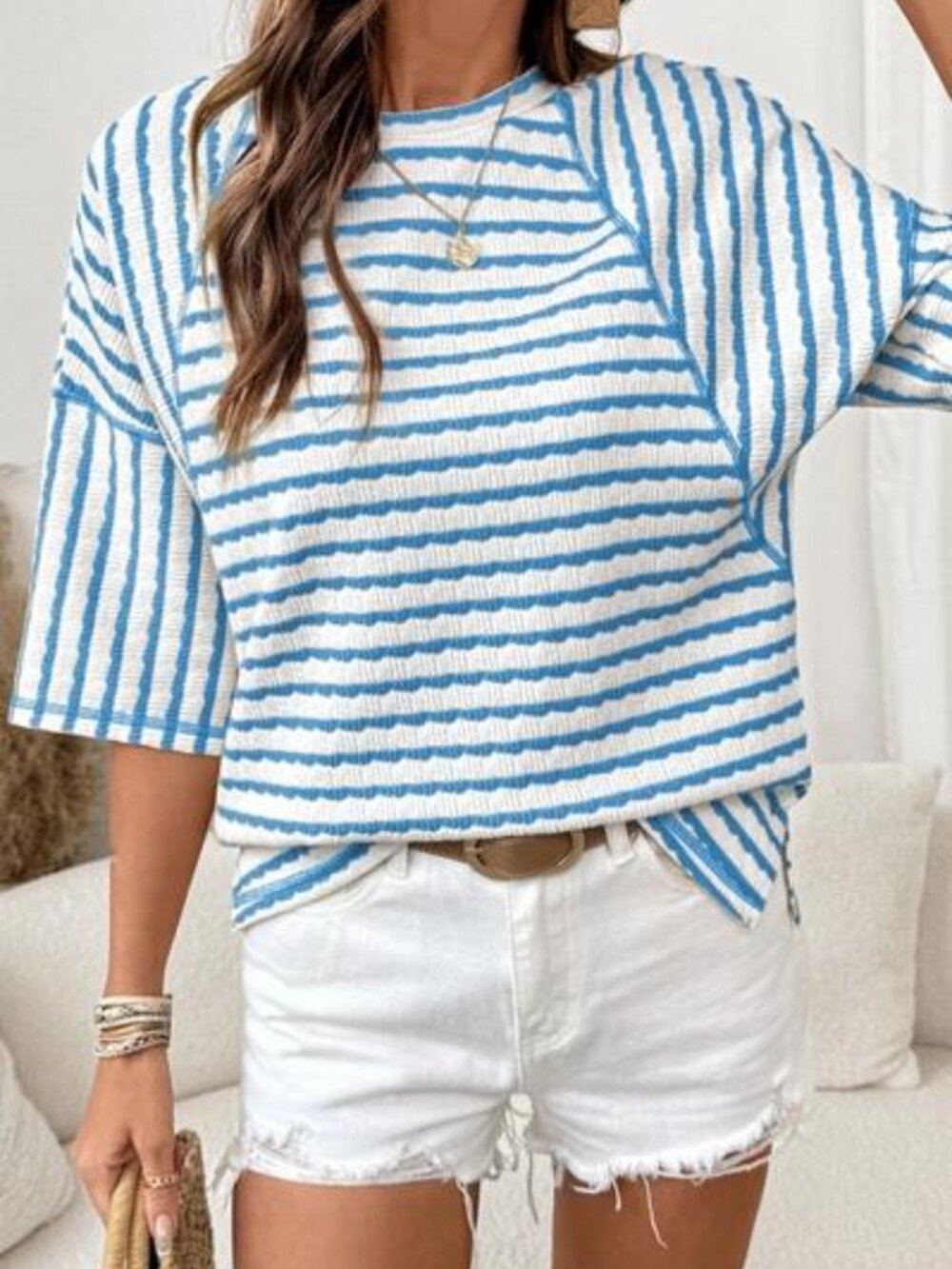 Womens Striped textured knit half sleeve top - Bright Blue